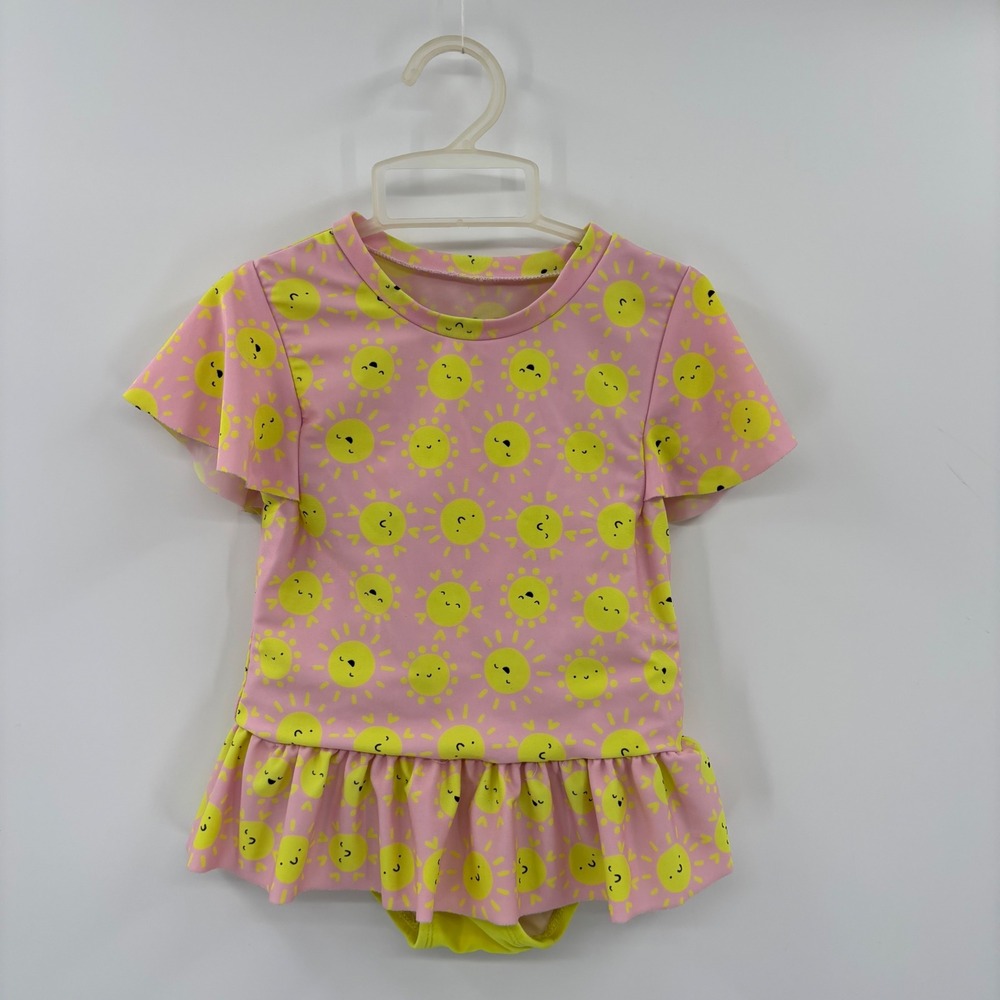 Cat & Jack Swimsuit Toddler Girls 4T Pink Sun Print Ruffle Swim Dress Summer
